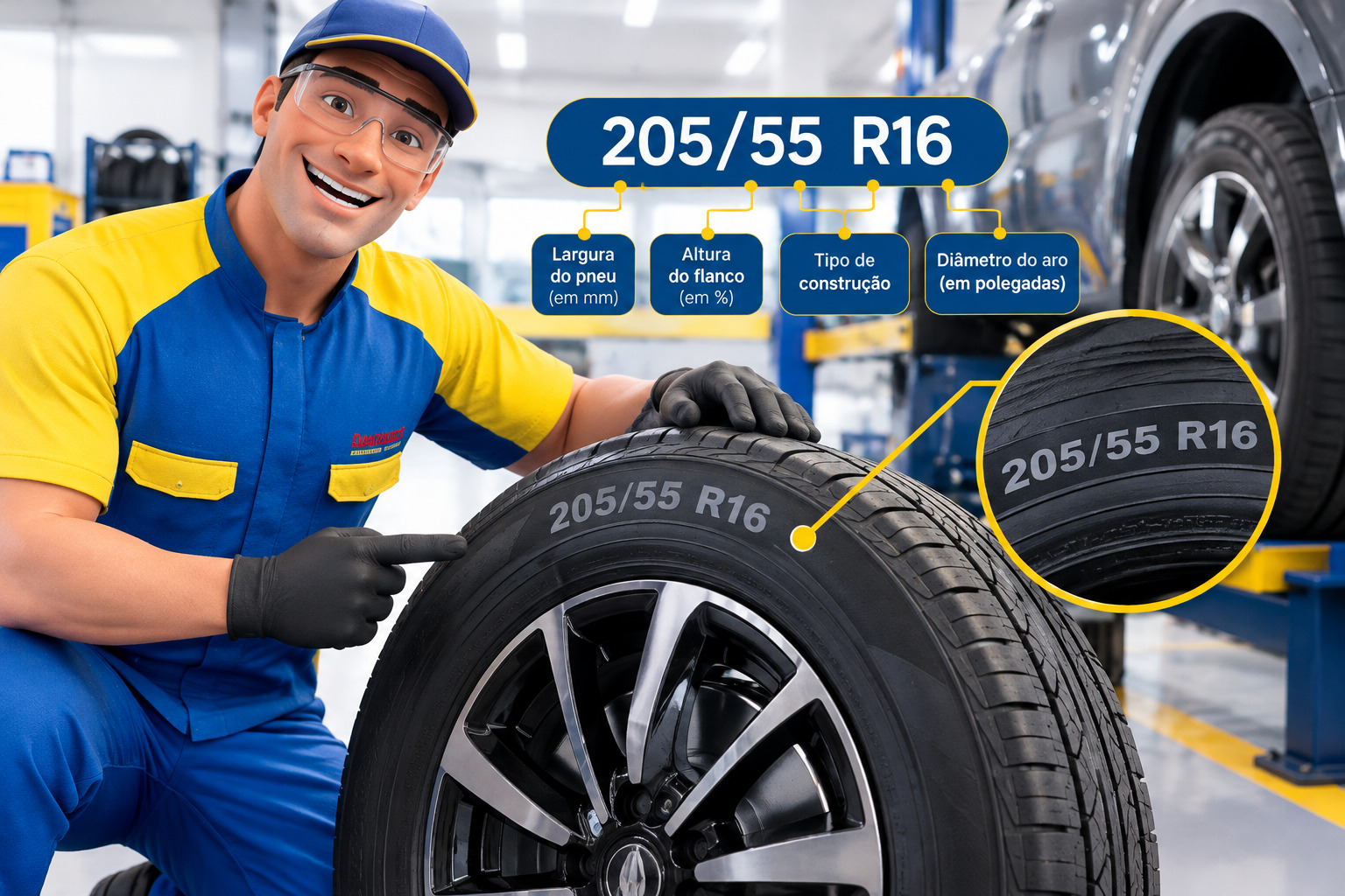 Lateral do pneu com numeração 205 55 R16 91V em destaque — como ler e entender os números do pneu do carro