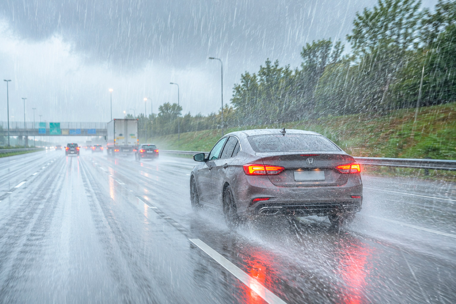 Carro em pista molhada com chuva intensa — como dirigir na chuva com segurança