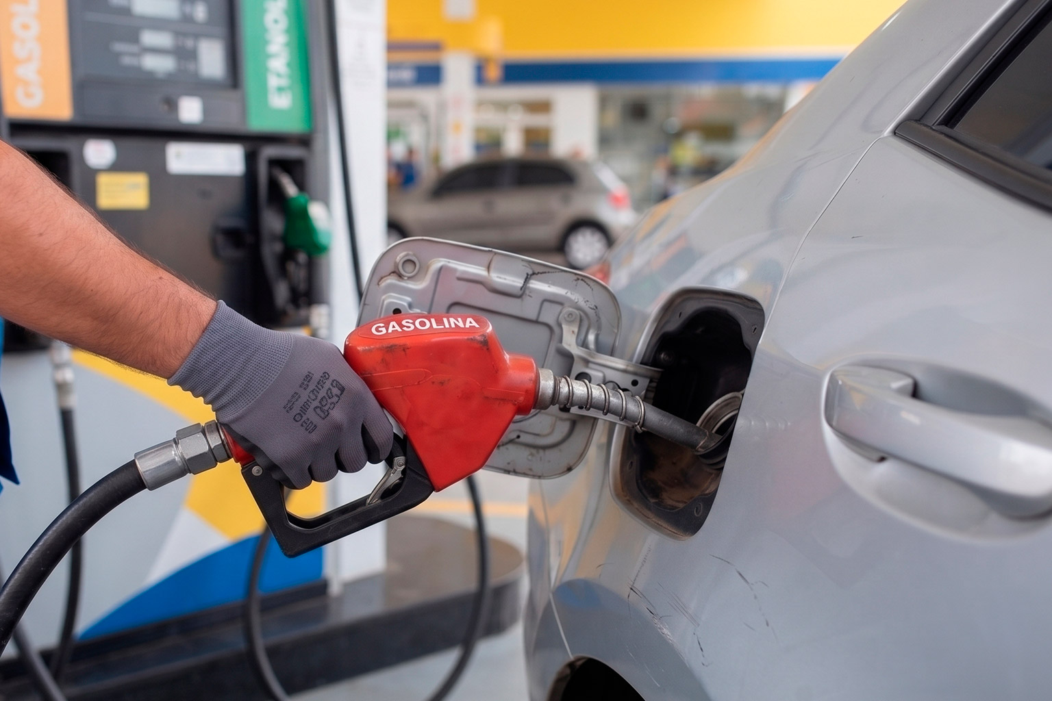 Mão abastecendo carro com bomba de gasolina — como economizar combustível com hábitos de direção e manutenção