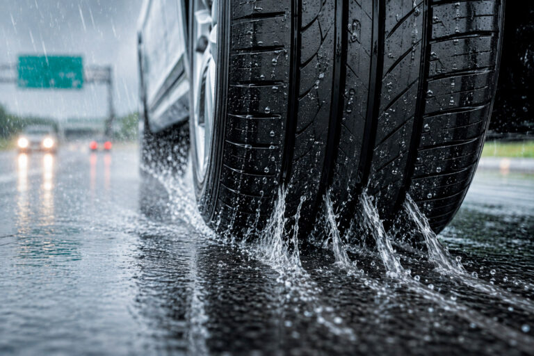 Sulco da banda de rodagem do pneu escoando água da pista — importância do estado do pneu para dirigir na chuva