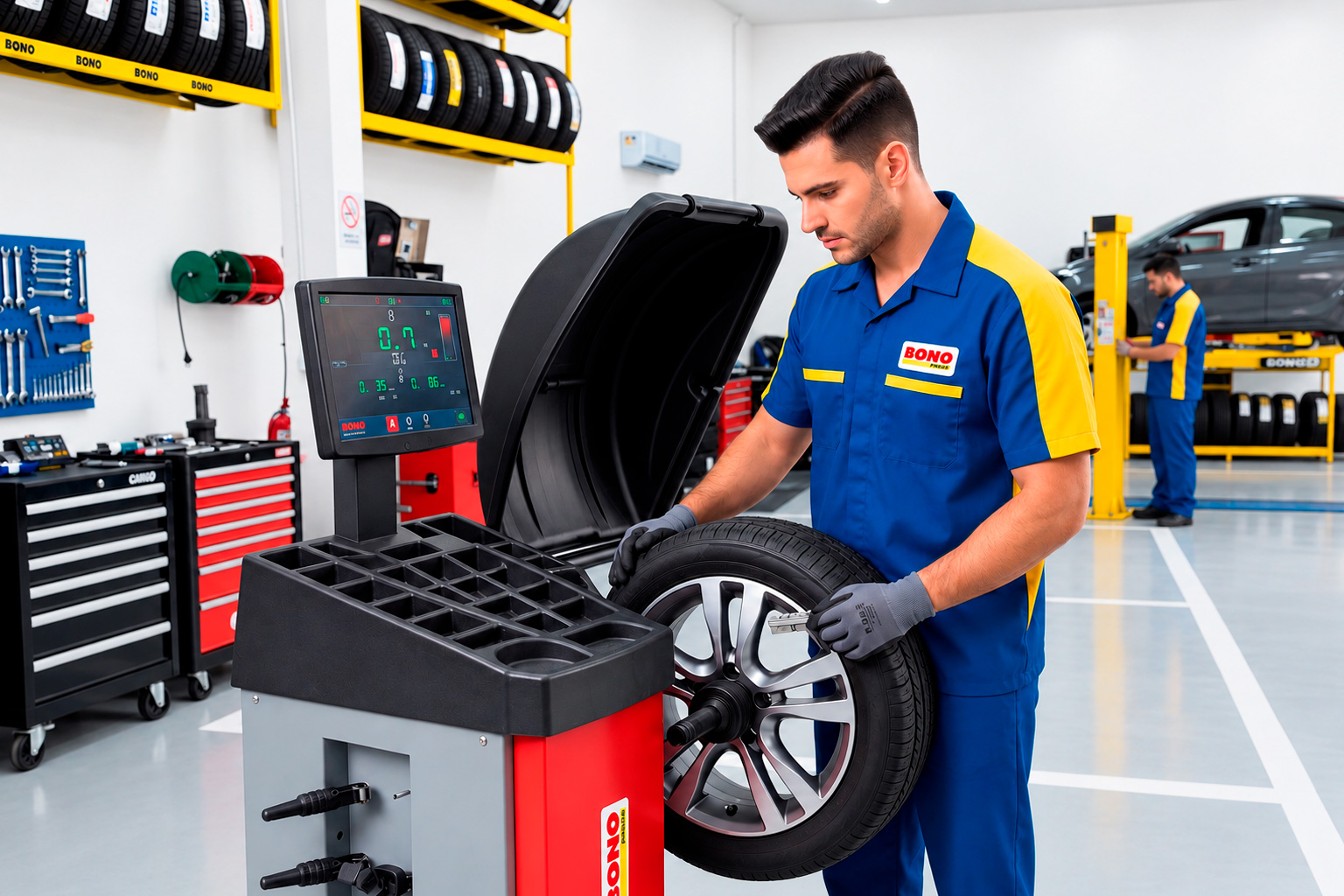 Técnico automotivo realizando revisão preventiva na Bono Pneus