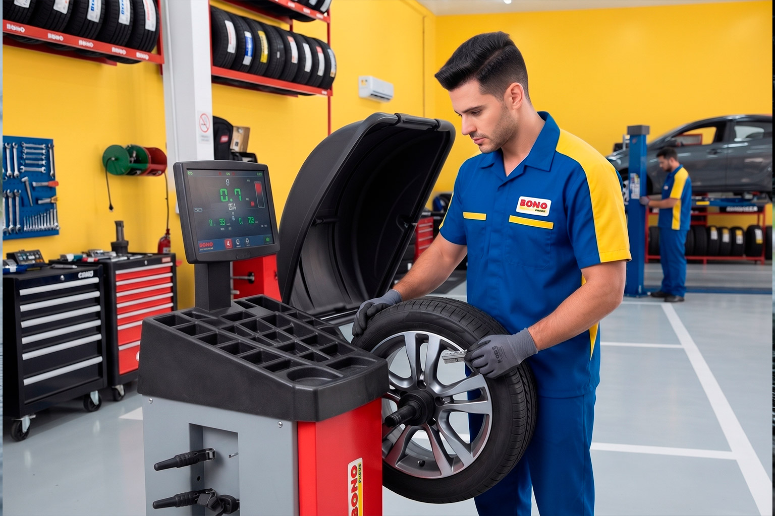 Técnico automotivo realizando revisão preventiva na Bono Pneus