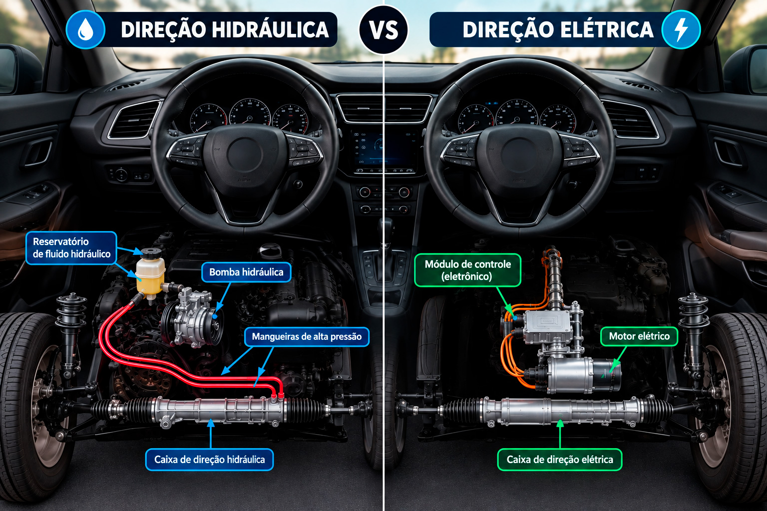 Técnico automotivo inspecionando o sistema de direção em um veículo no elevador — direção hidráulica vs elétrica