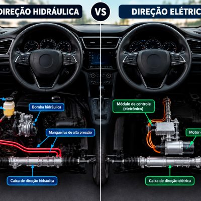 Técnico automotivo inspecionando o sistema de direção em um veículo no elevador — direção hidráulica vs elétrica