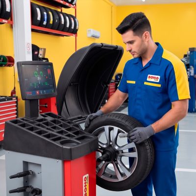 Técnico automotivo realizando revisão preventiva na Bono Pneus